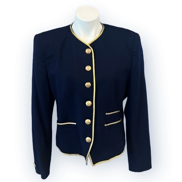 EVAN PICONE Vintage Wool Button Down Band Blazer Navy & Gold Metallic Size 12 - Picture 1 of 8